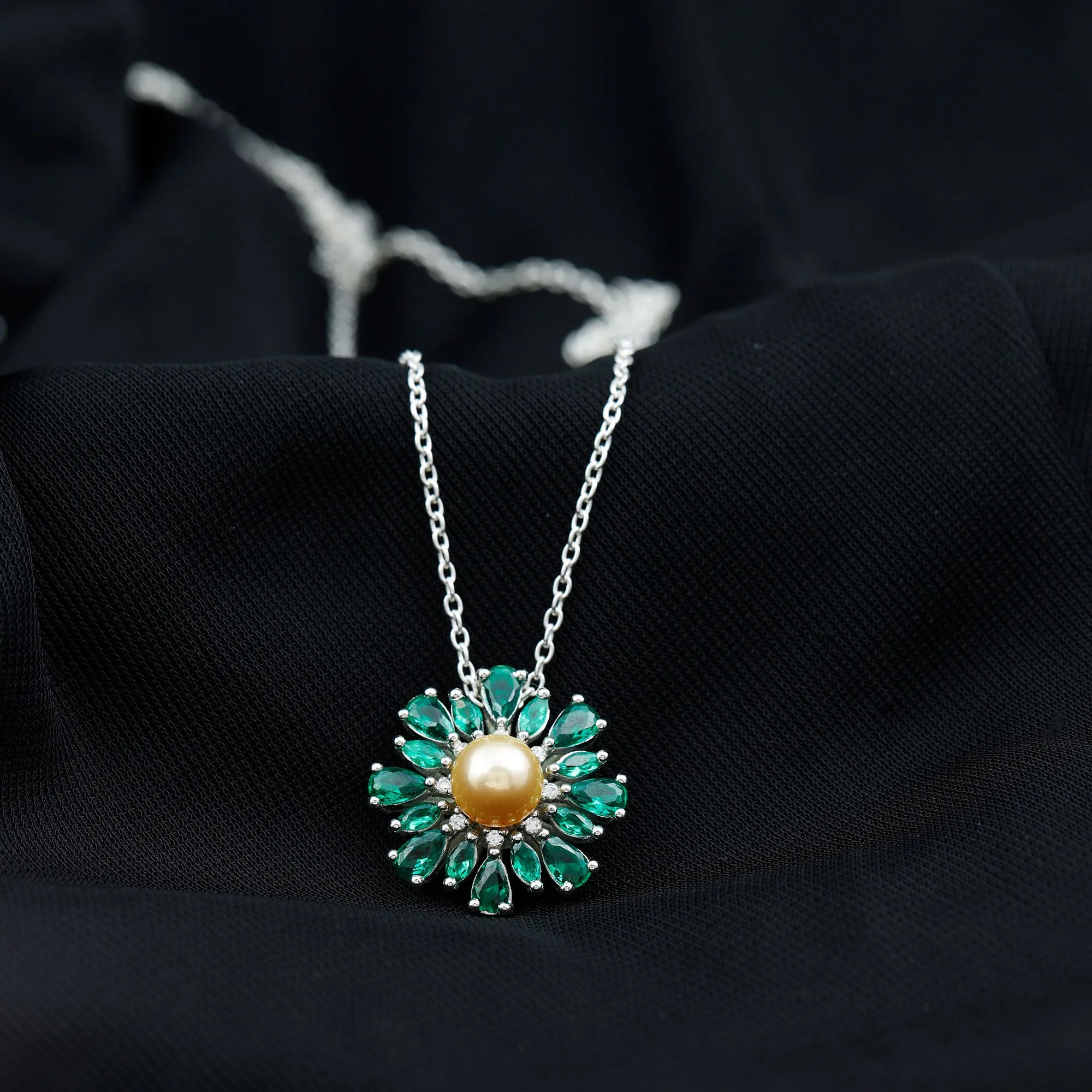 Golden South Sea Pearl Cocktail Pendant Necklace with Emerald