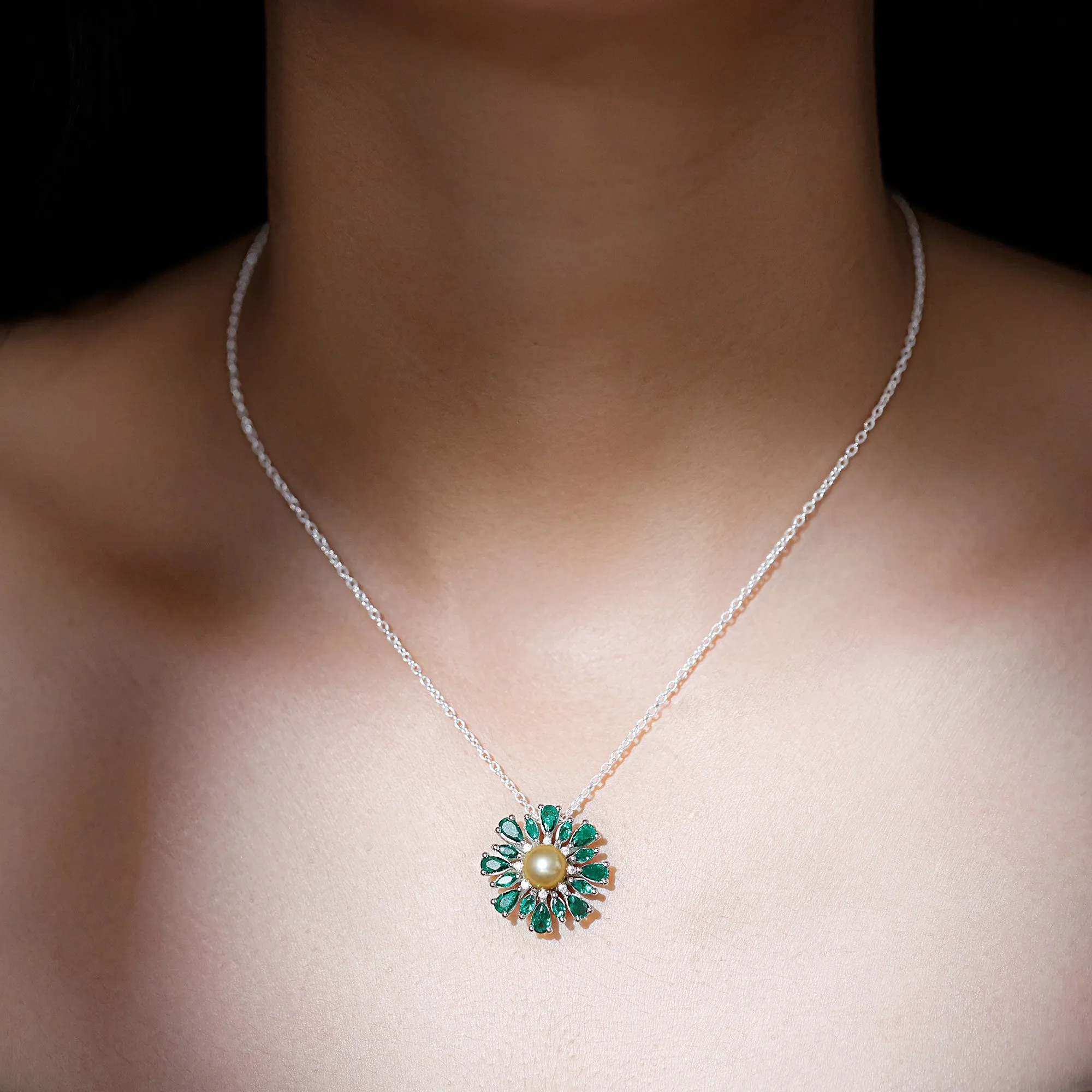 Golden South Sea Pearl Cocktail Pendant Necklace with Emerald