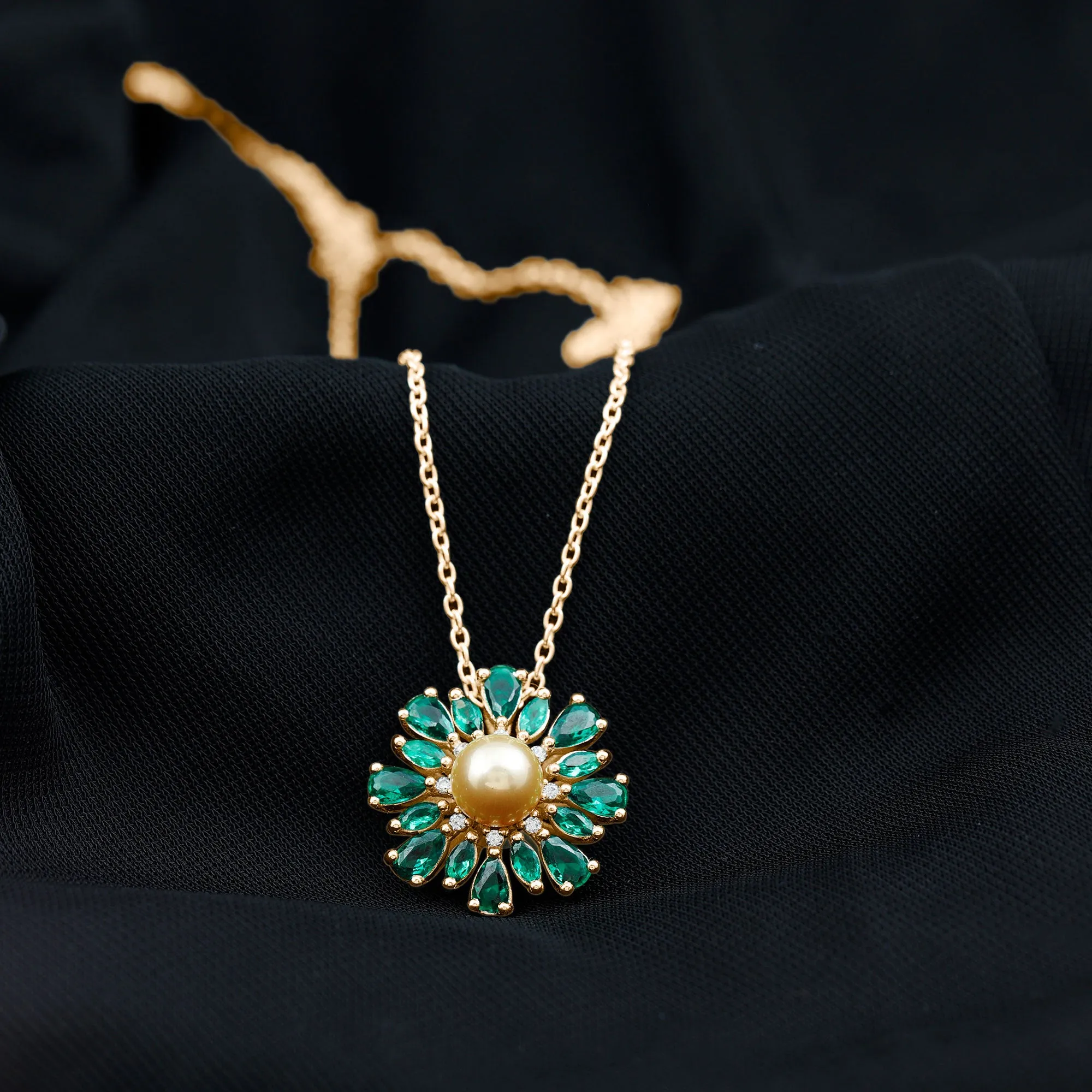 Golden South Sea Pearl Cocktail Pendant Necklace with Emerald