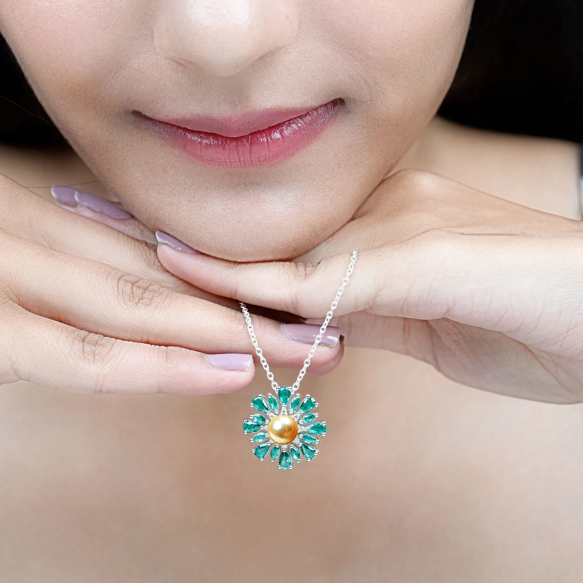 Golden South Sea Pearl Cocktail Pendant Necklace with Emerald