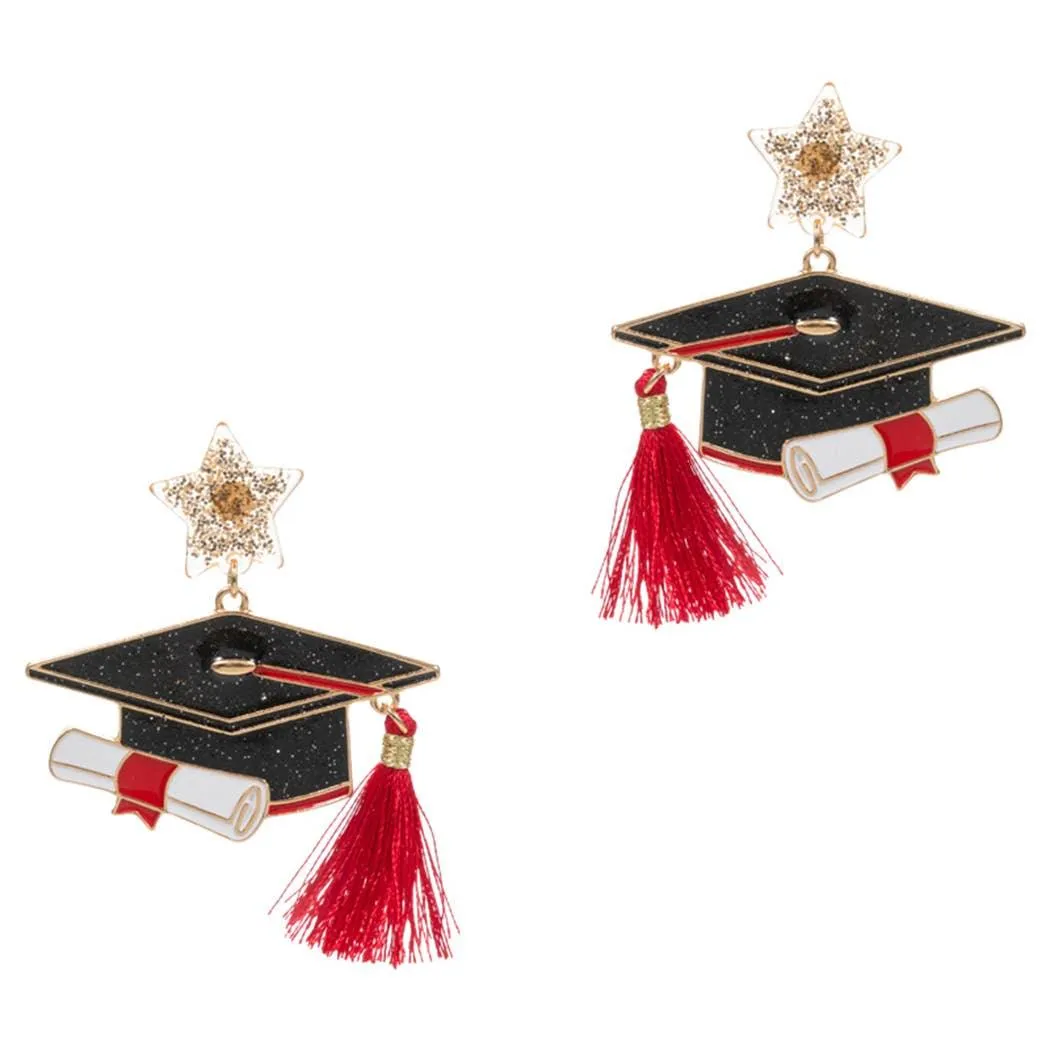 Graduation Cap Glitter Star Tassel Earrings