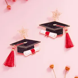 Graduation Cap Glitter Star Tassel Earrings