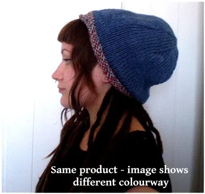 Hand Knitted Slouchy Beanie Hat (Blue with Heather Trim)