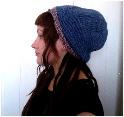 Hand Knitted Slouchy Beanie Hat (Blue with Rust Trim)