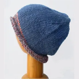 Hand Knitted Slouchy Beanie Hat (Blue with Rust Trim)