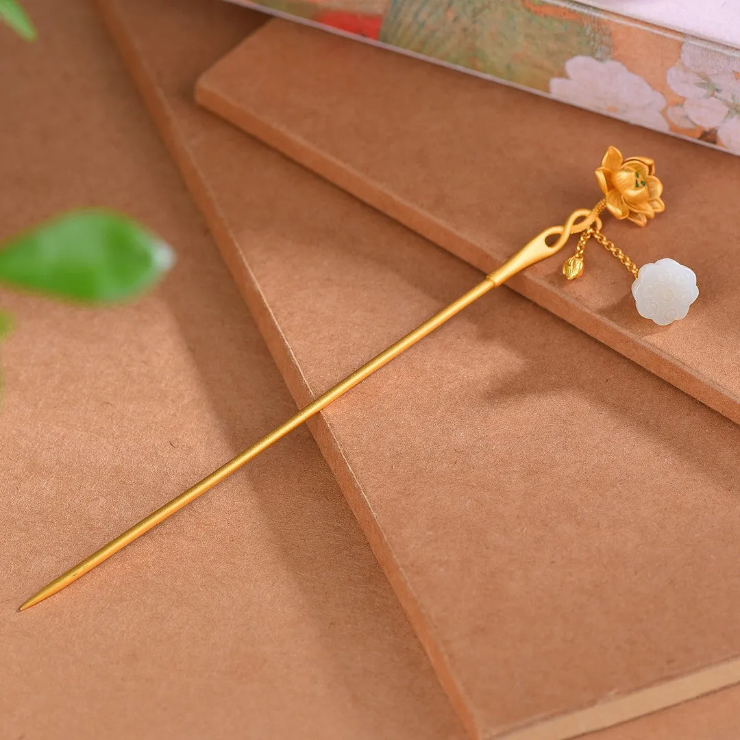 High Grade Enamel Hetian Jade S925 Silver Safety Lock Hairpin Hanfu Hair Accessories