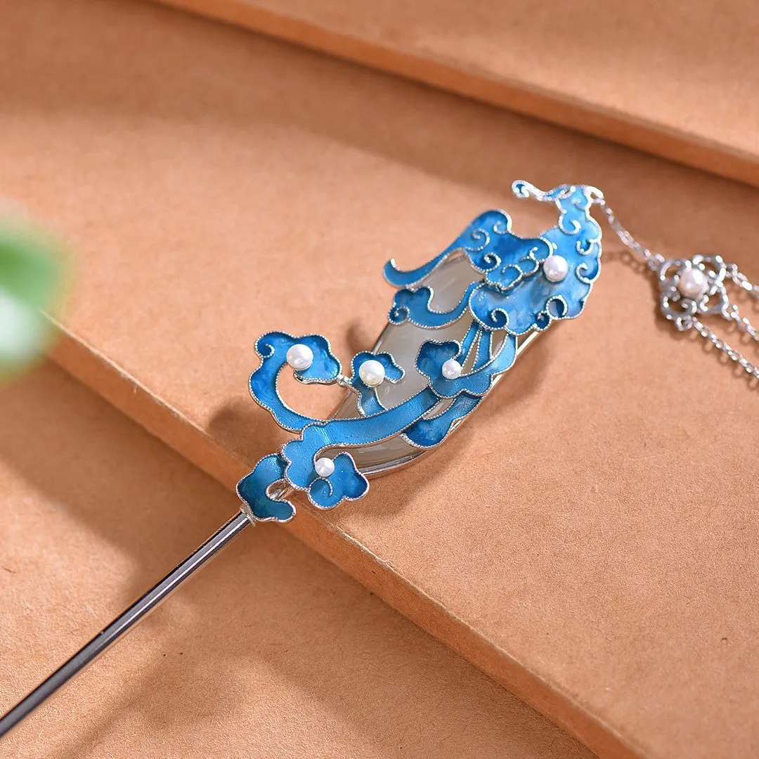 High Grade Enamel Hetian Jade S925 Silver Safety Lock Hairpin Hanfu Hair Accessories
