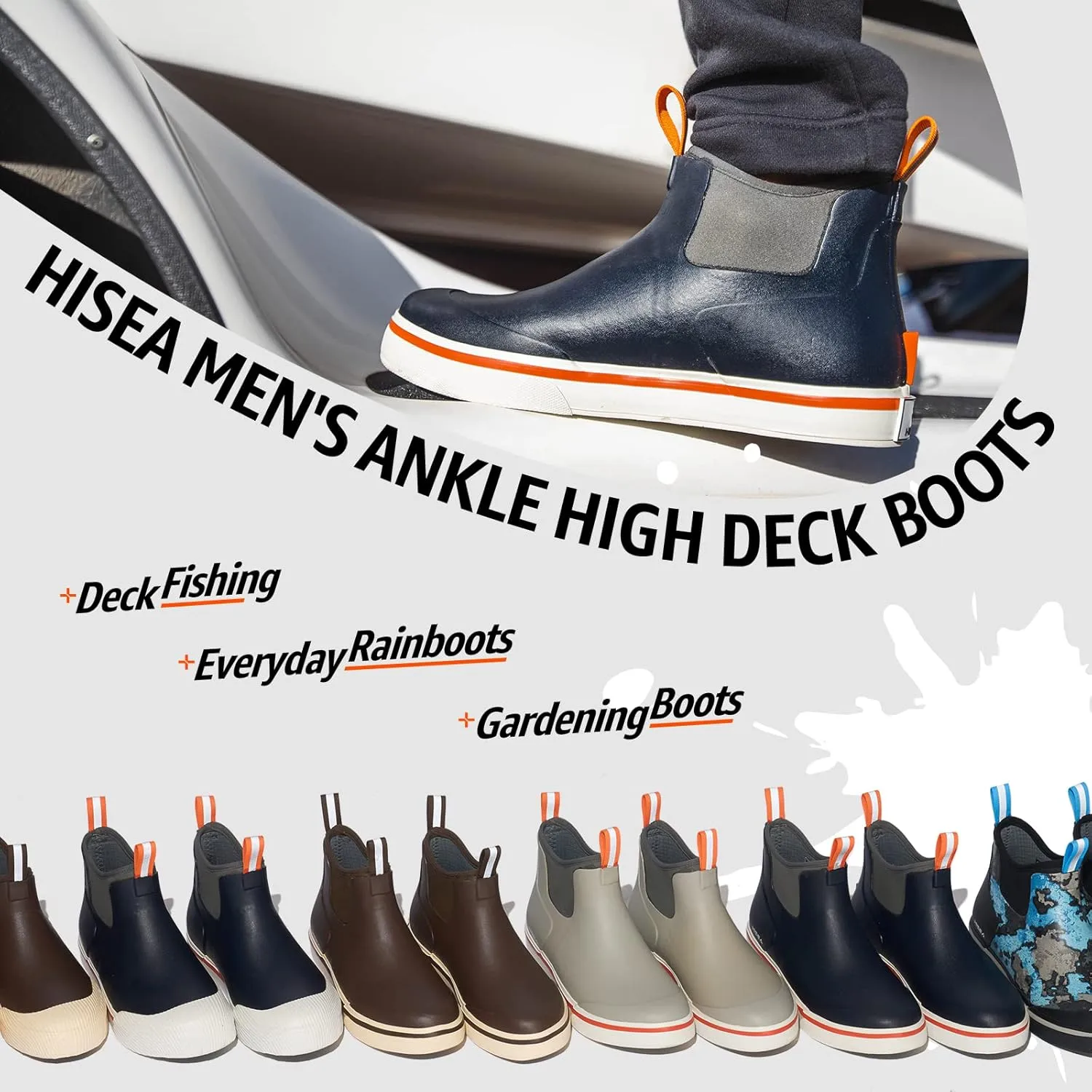 HISEA Men's Deck Boots Saltwater Fishing Booties Waterproof Ankle Rain Boots High Traction