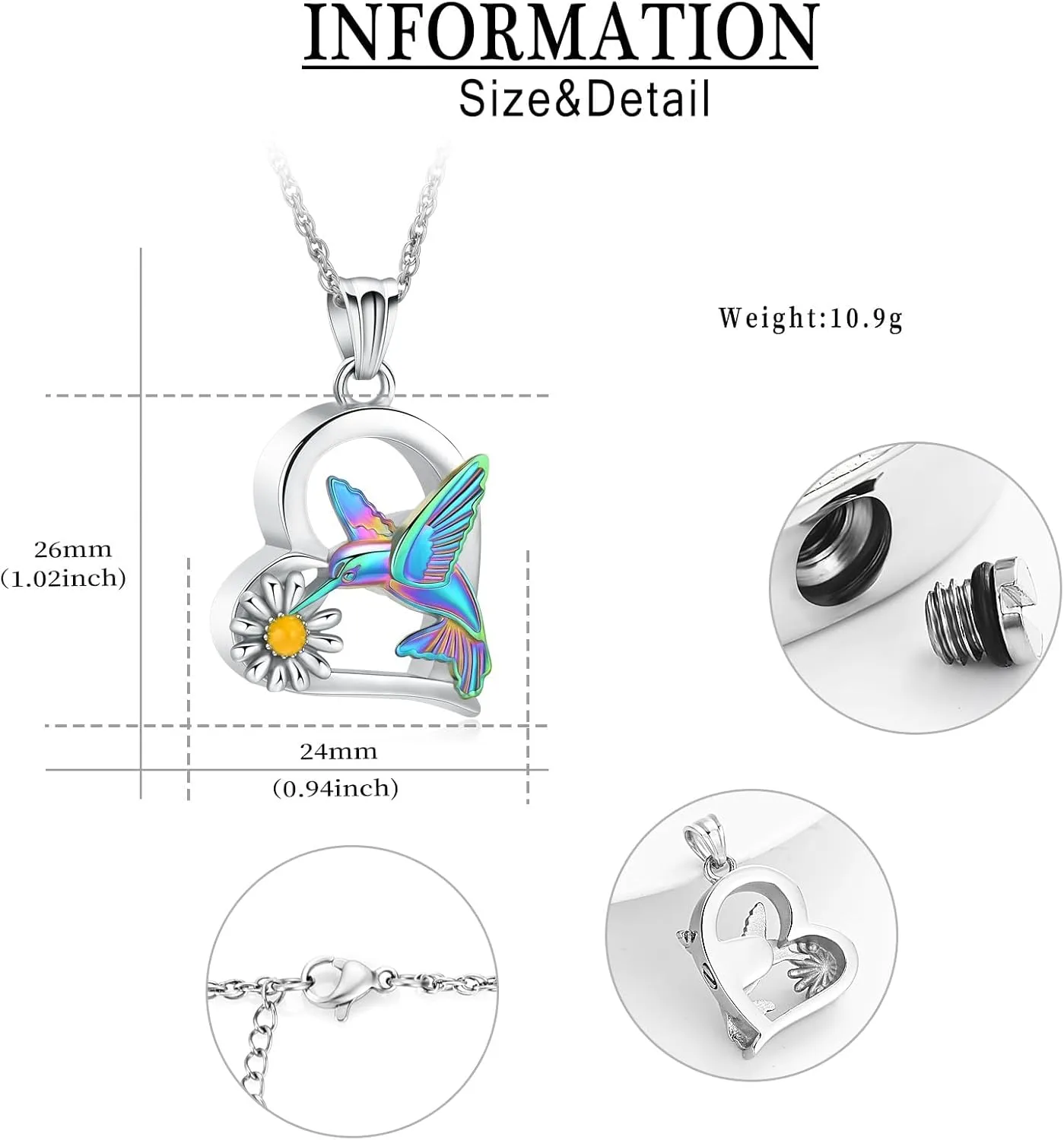 Imrsanl Hummingbird Cremation Jewelry Heart with Sunflower Urn Necklace for Ashes for Women Men Memorial Keepsake Pendant of Loved One