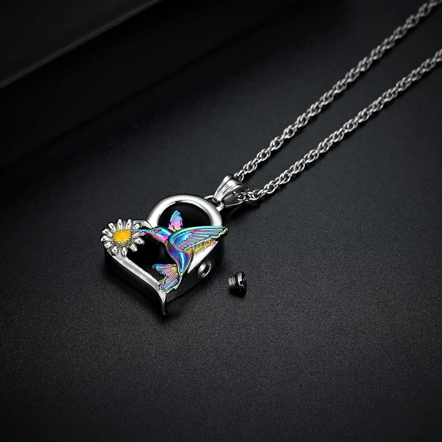 Imrsanl Hummingbird Cremation Jewelry Heart with Sunflower Urn Necklace for Ashes for Women Men Memorial Keepsake Pendant of Loved One