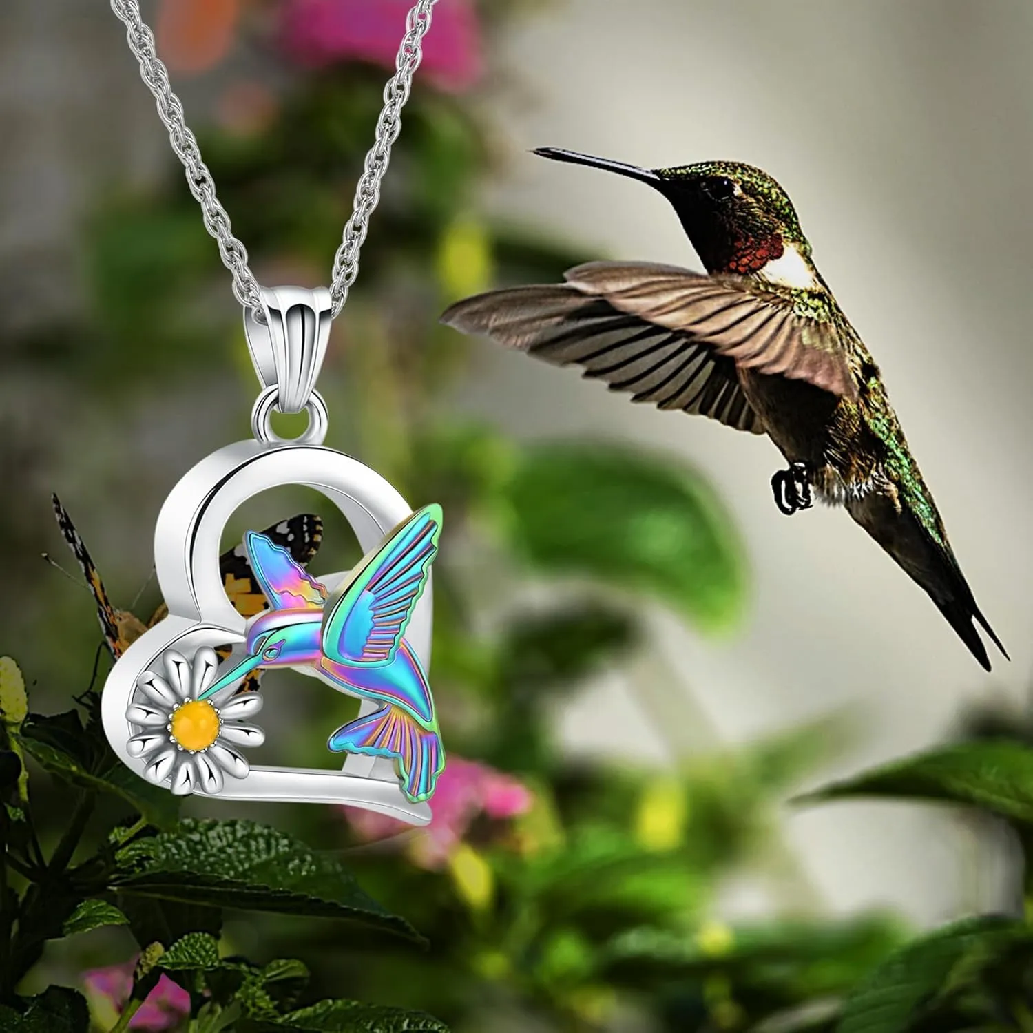 Imrsanl Hummingbird Cremation Jewelry Heart with Sunflower Urn Necklace for Ashes for Women Men Memorial Keepsake Pendant of Loved One
