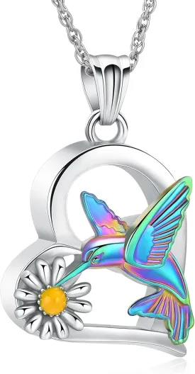Imrsanl Hummingbird Cremation Jewelry Heart with Sunflower Urn Necklace for Ashes for Women Men Memorial Keepsake Pendant of Loved One