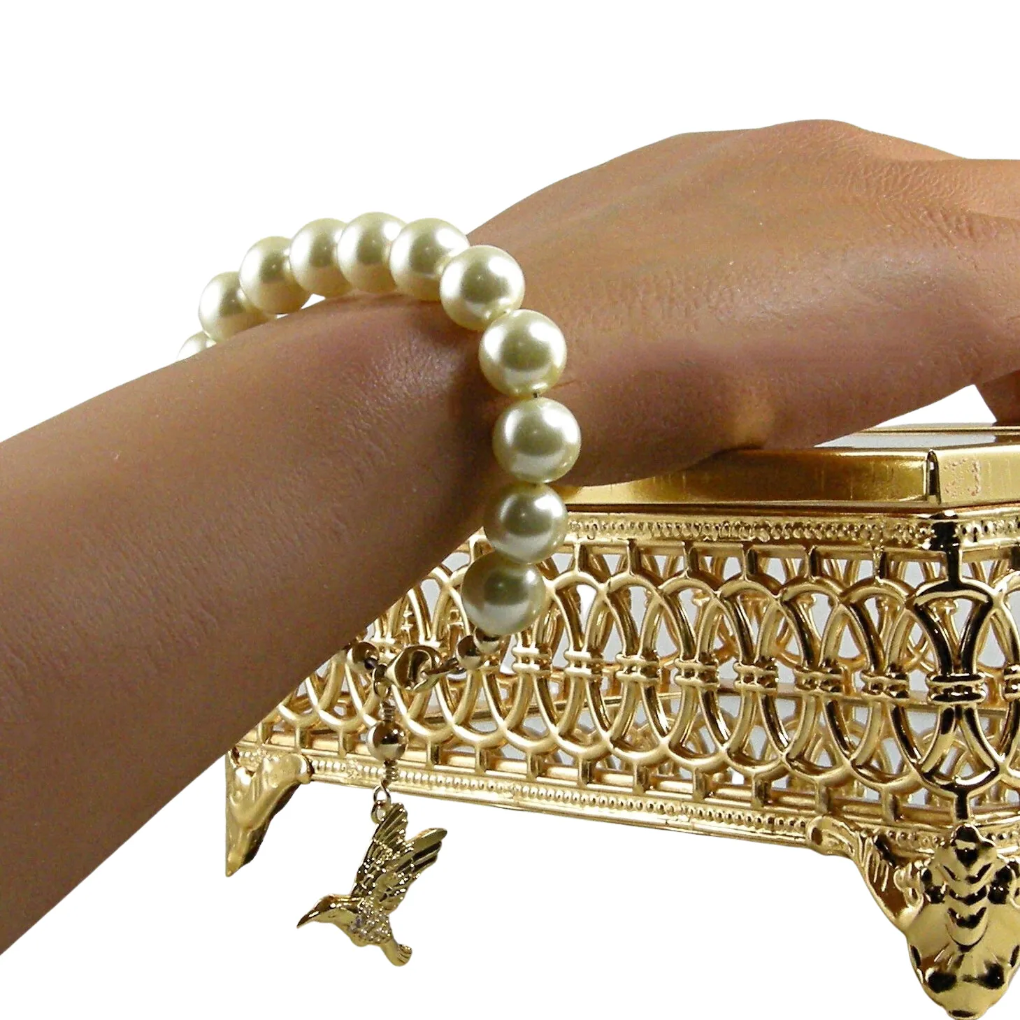 Ivory Swarovski Pearl Bracelet, Cream Pearl Hummingbird Bracelet