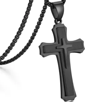 jiamiaoi Cross Necklace for Men Surgical Steel Mens Cross Necklace 316L Stainless Steel Cross Pendant Necklace in Color Silver/Black/Gold, Nickel Free Steel Cross Necklaces Chain 22In-26In