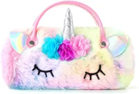 Kids Girls Boys Fluffy Faux Fur Unicorn Eyeglass Case Plush Eyewear Glasses Case Hard Shell with Handle