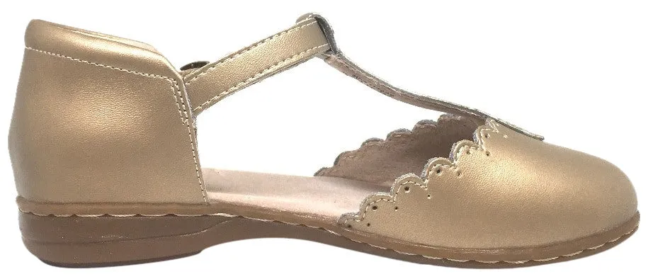 Livie & Luca Girl's Pearl Shimmer Fresca Scalloped Leather Trim T-Strap Adjustable Buckle Mary Jane Flat Shoe