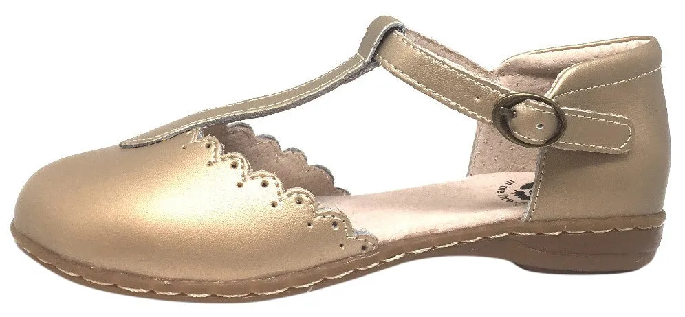 Livie & Luca Girl's Pearl Shimmer Fresca Scalloped Leather Trim T-Strap Adjustable Buckle Mary Jane Flat Shoe
