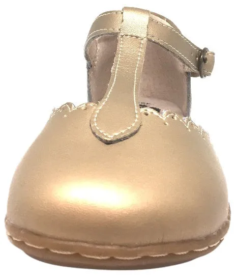 Livie & Luca Girl's Pearl Shimmer Fresca Scalloped Leather Trim T-Strap Adjustable Buckle Mary Jane Flat Shoe