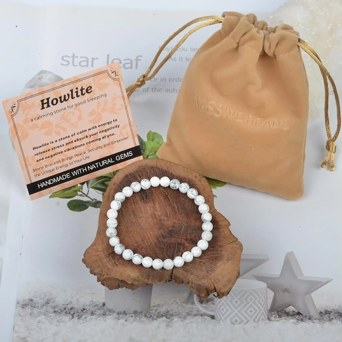 Massive Beads Howlite - Stone of Good Sleep - Handmade Yoga Stretch Elastic Bracelet Natural Stone Crystal Healing Power Energy Gifts for Unisex Adult 6mm