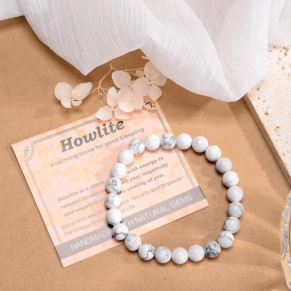 Massive Beads Howlite - Stone of Good Sleep - Handmade Yoga Stretch Elastic Bracelet Natural Stone Crystal Healing Power Energy Gifts for Unisex Adult 6mm