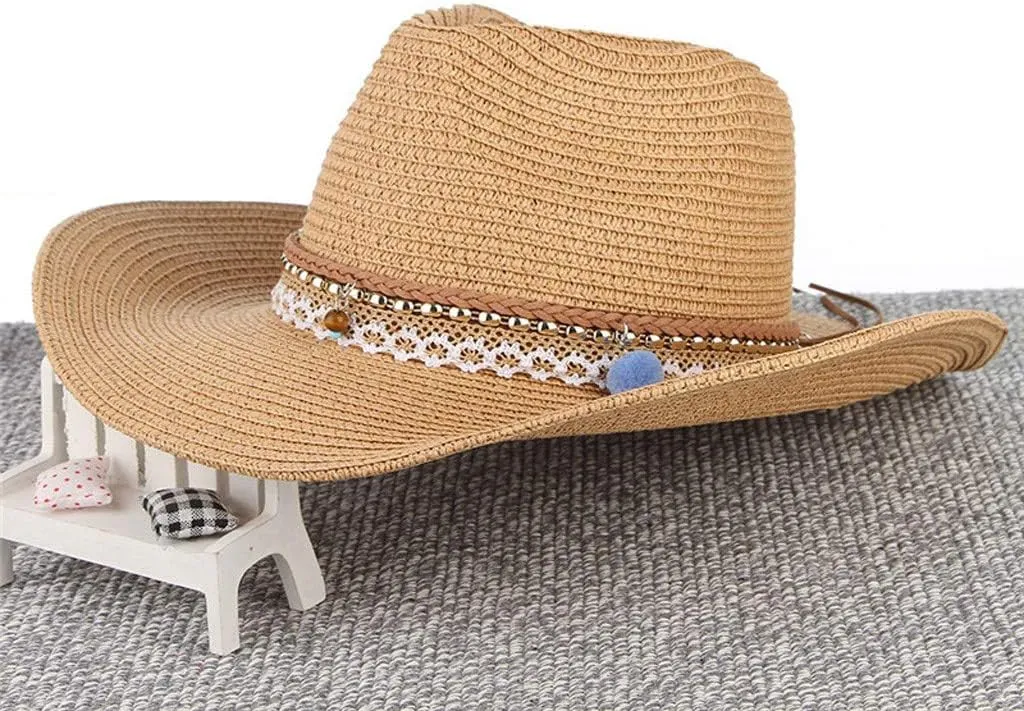 Men Women's Felt Wide Brim Western Cowboy Outdoor Fedora Hats with Belt Classic Straw Summer Cowboy Hat Decorative