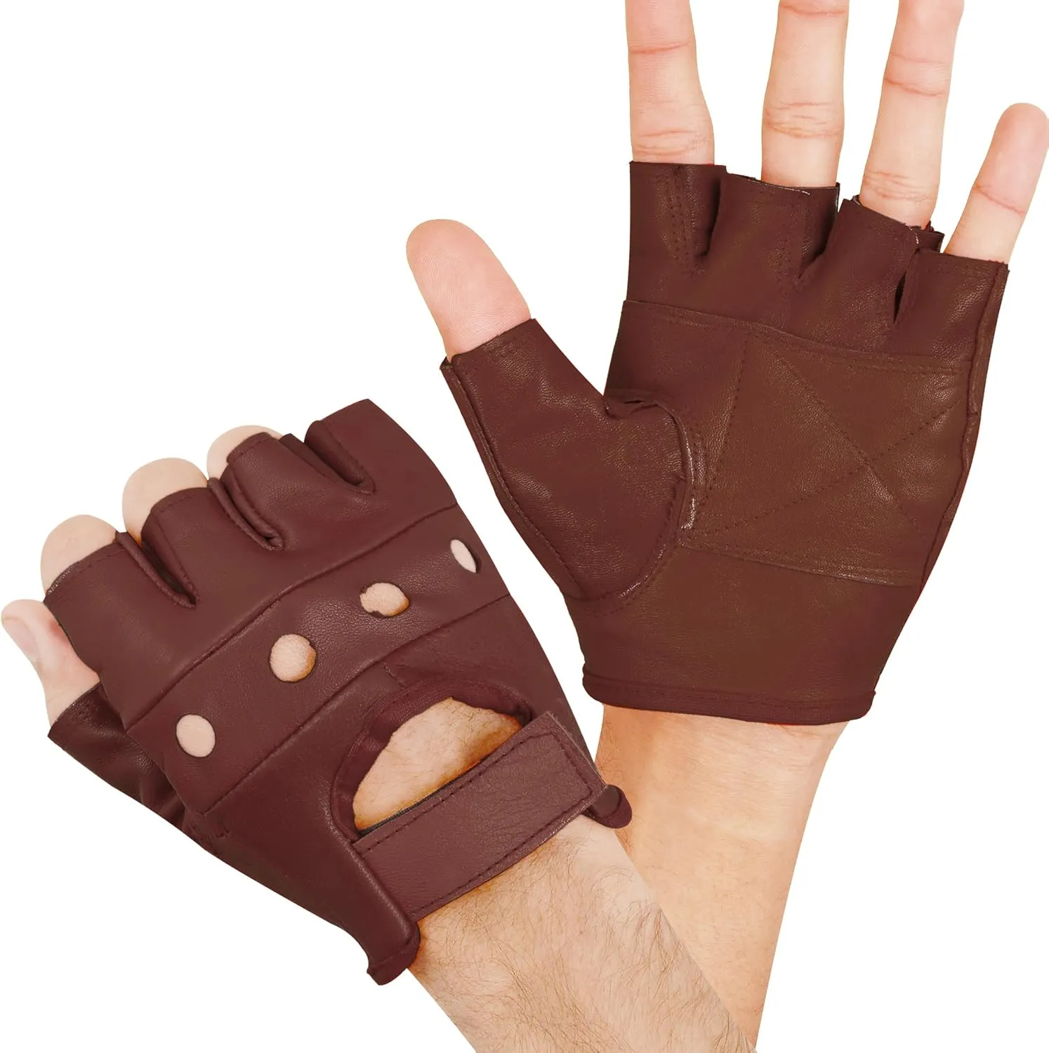 Men's Leather Gloves Racing Fingerless Motorcycle Hand Black & Red Gloves W/Breathable Open Knuckle