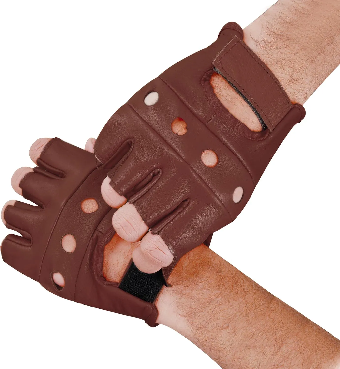 Men's Leather Gloves Racing Fingerless Motorcycle Hand Black & Red Gloves W/Breathable Open Knuckle