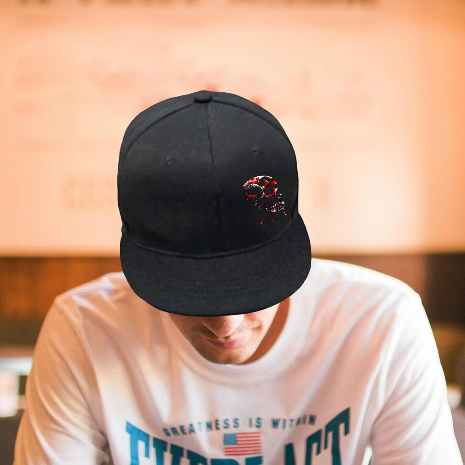 Motorcycle Skull Hat Flat Bill Hats for Men Snap Backpack Mens Hats Snapback Baseball Cap for Teens Boys