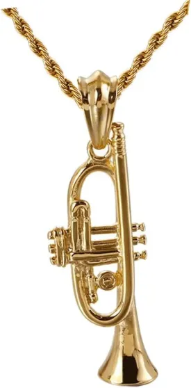 PAMTIER Unisex Stainless Steel Vintage Style Brass Musical Instruments Trumpet Pendant Punk Necklace