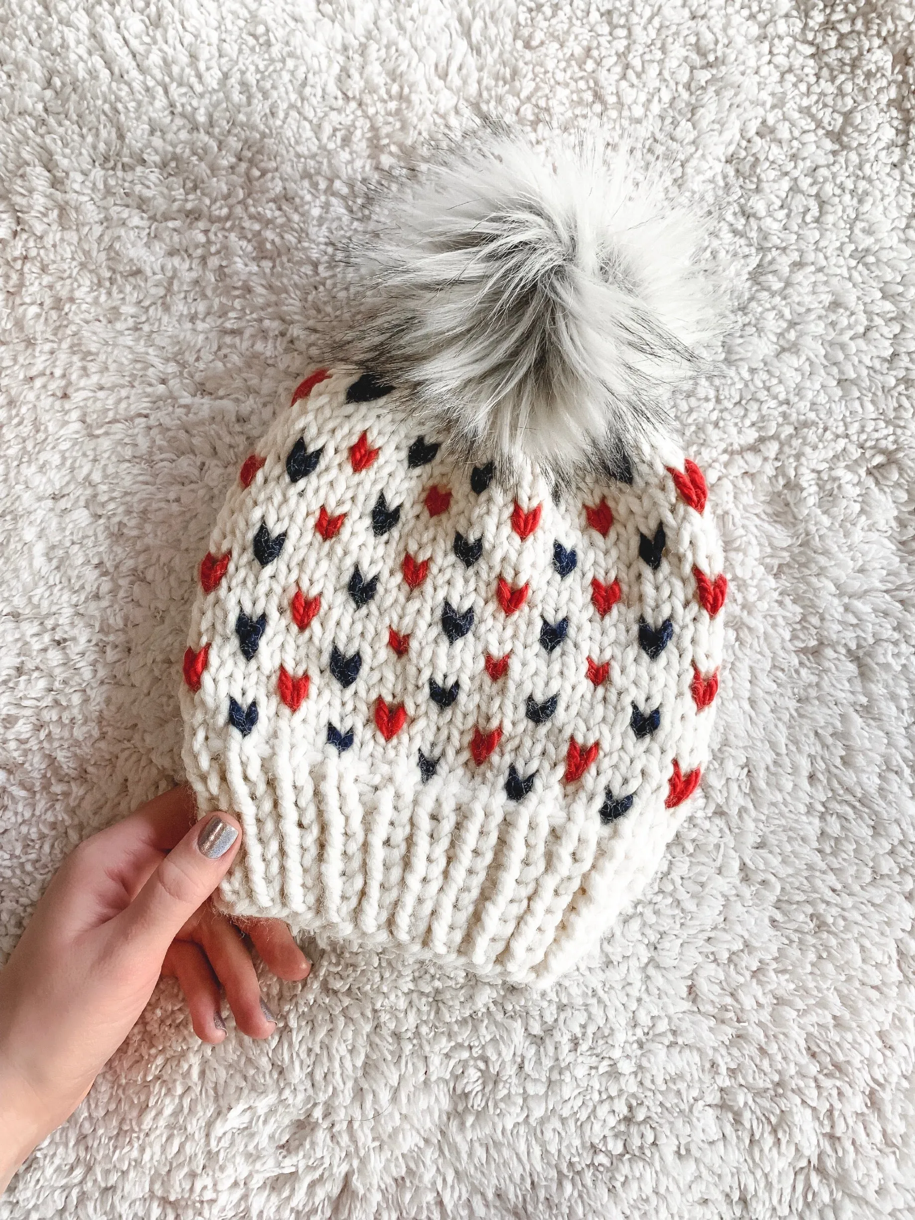 PATRIOTS Adult Knit Beanie Hat Fair Isle with Faux Fur Pom Pom