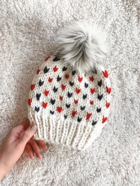 PATRIOTS Adult Knit Beanie Hat Fair Isle with Faux Fur Pom Pom