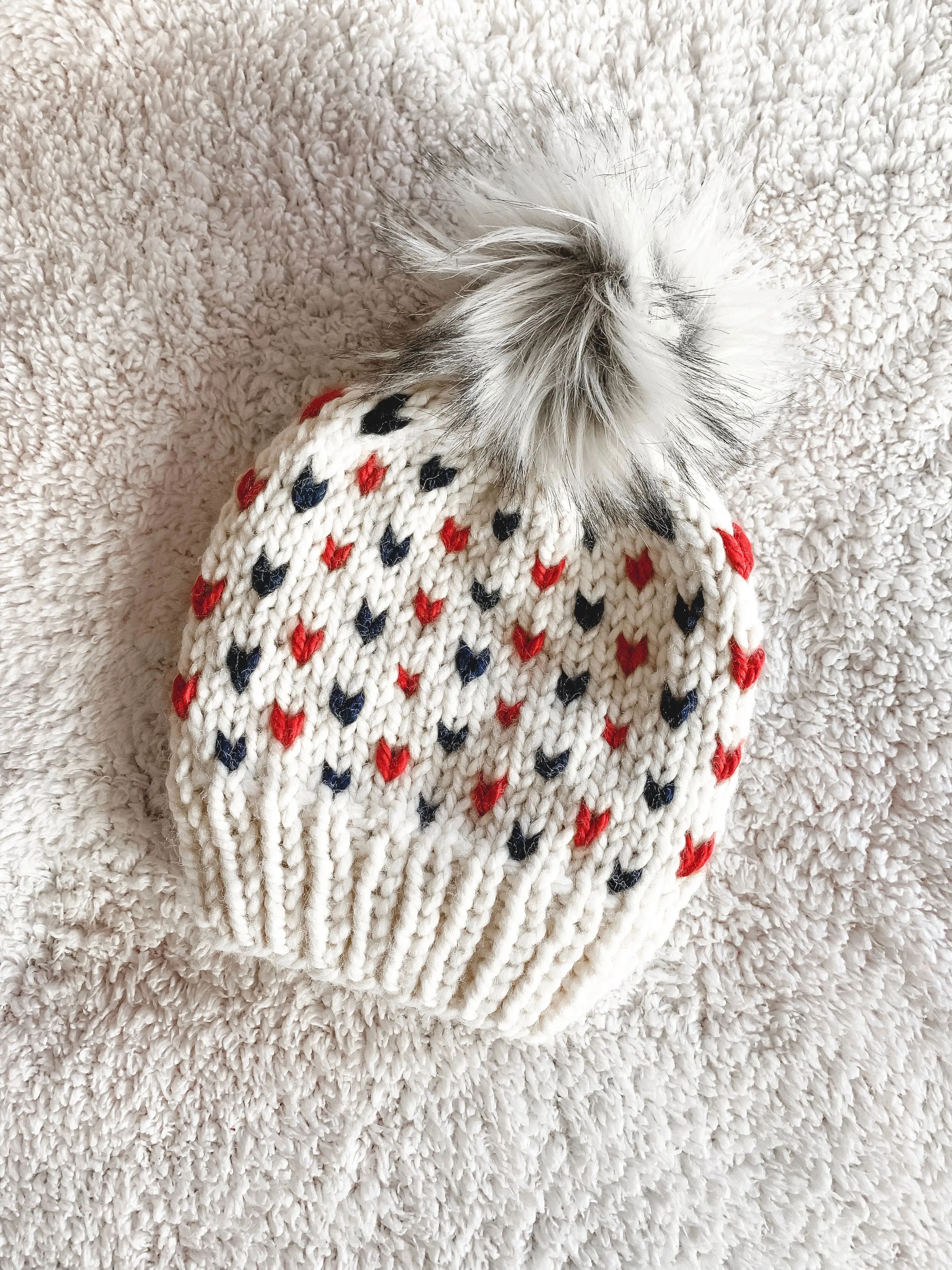 PATRIOTS Adult Knit Beanie Hat Fair Isle with Faux Fur Pom Pom