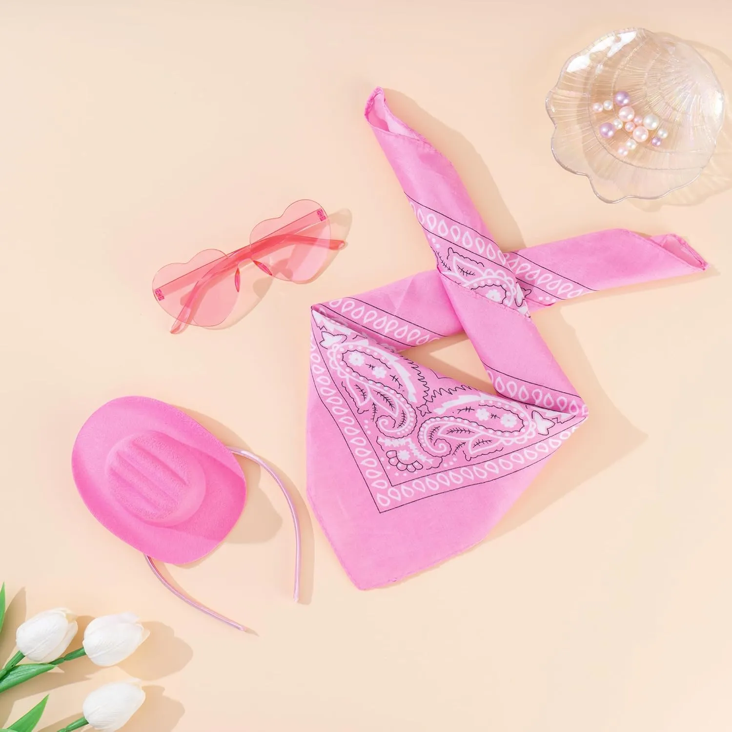 Pink Cowgirl Hat Headband Mini Tiny Cowboy Hat Heart Glasses Bandana Women Halloween Party Costume Accessories Set