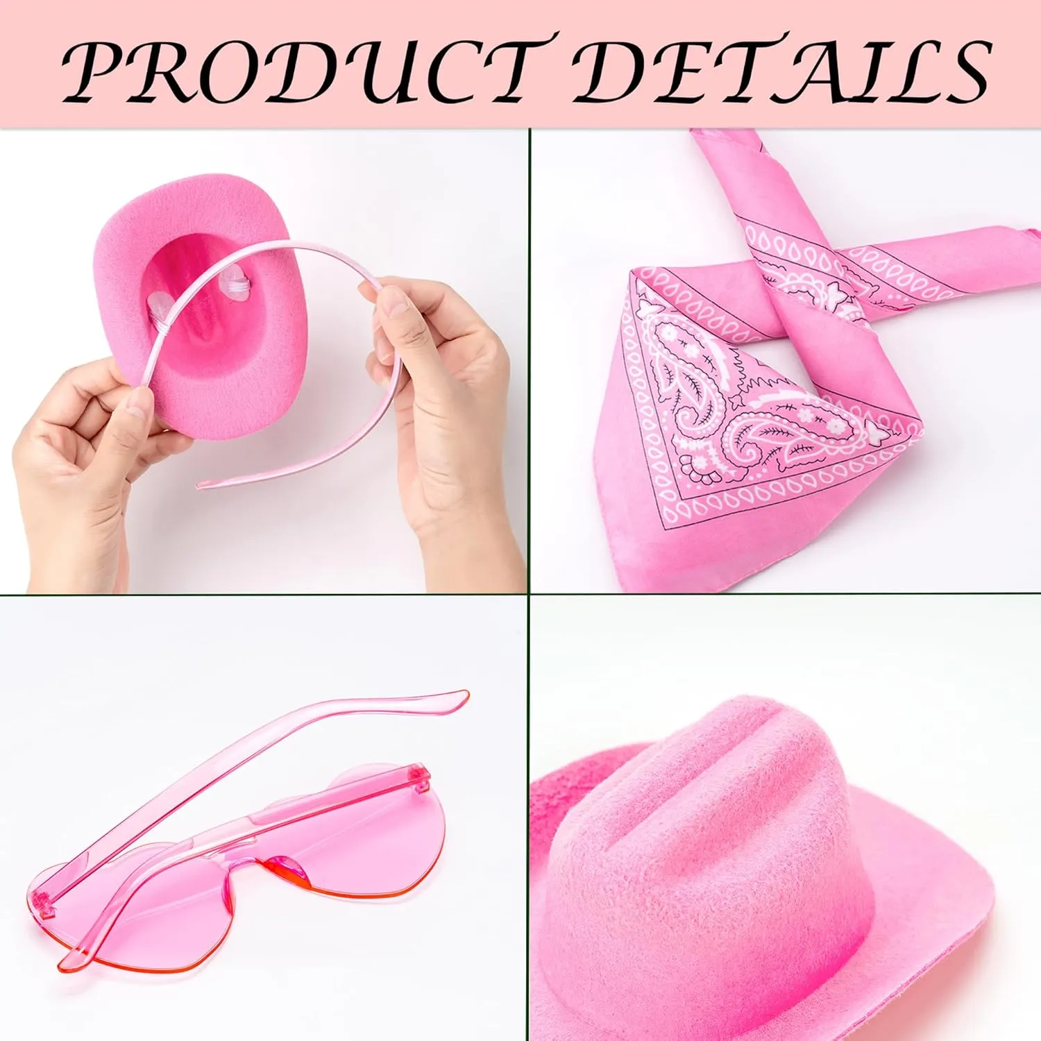 Pink Cowgirl Hat Headband Mini Tiny Cowboy Hat Heart Glasses Bandana Women Halloween Party Costume Accessories Set