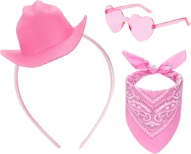 Pink Cowgirl Hat Headband Mini Tiny Cowboy Hat Heart Glasses Bandana Women Halloween Party Costume Accessories Set