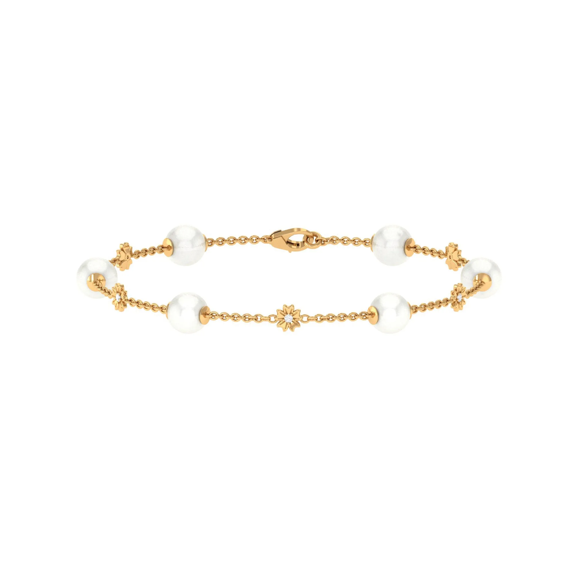 Real Freshwater Pearl Station Chain Bracelet with Diamond