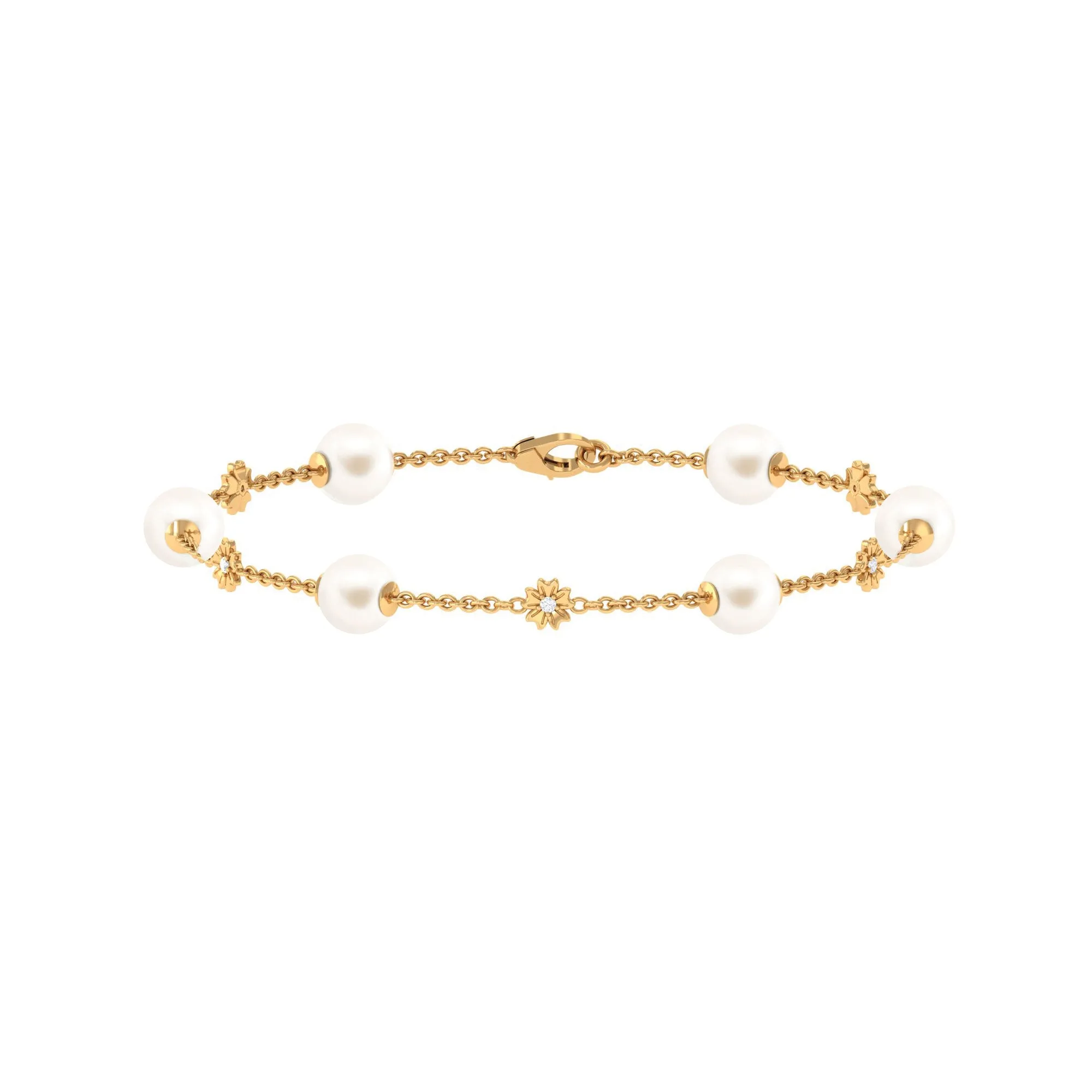 Real Freshwater Pearl Station Chain Bracelet with Diamond