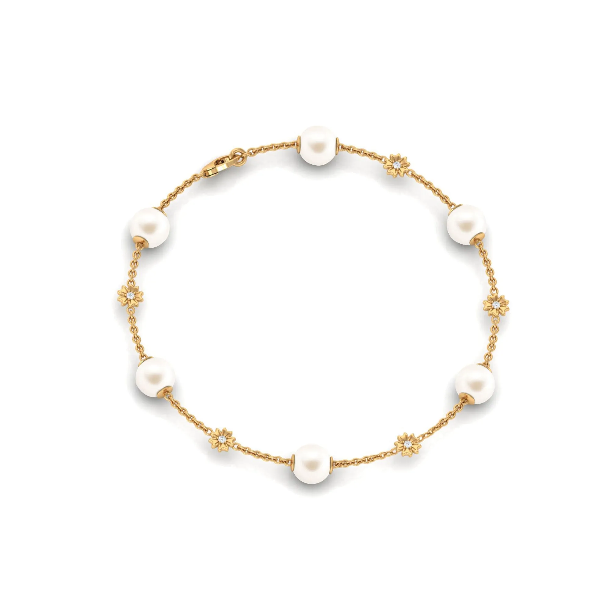 Real Freshwater Pearl Station Chain Bracelet with Diamond