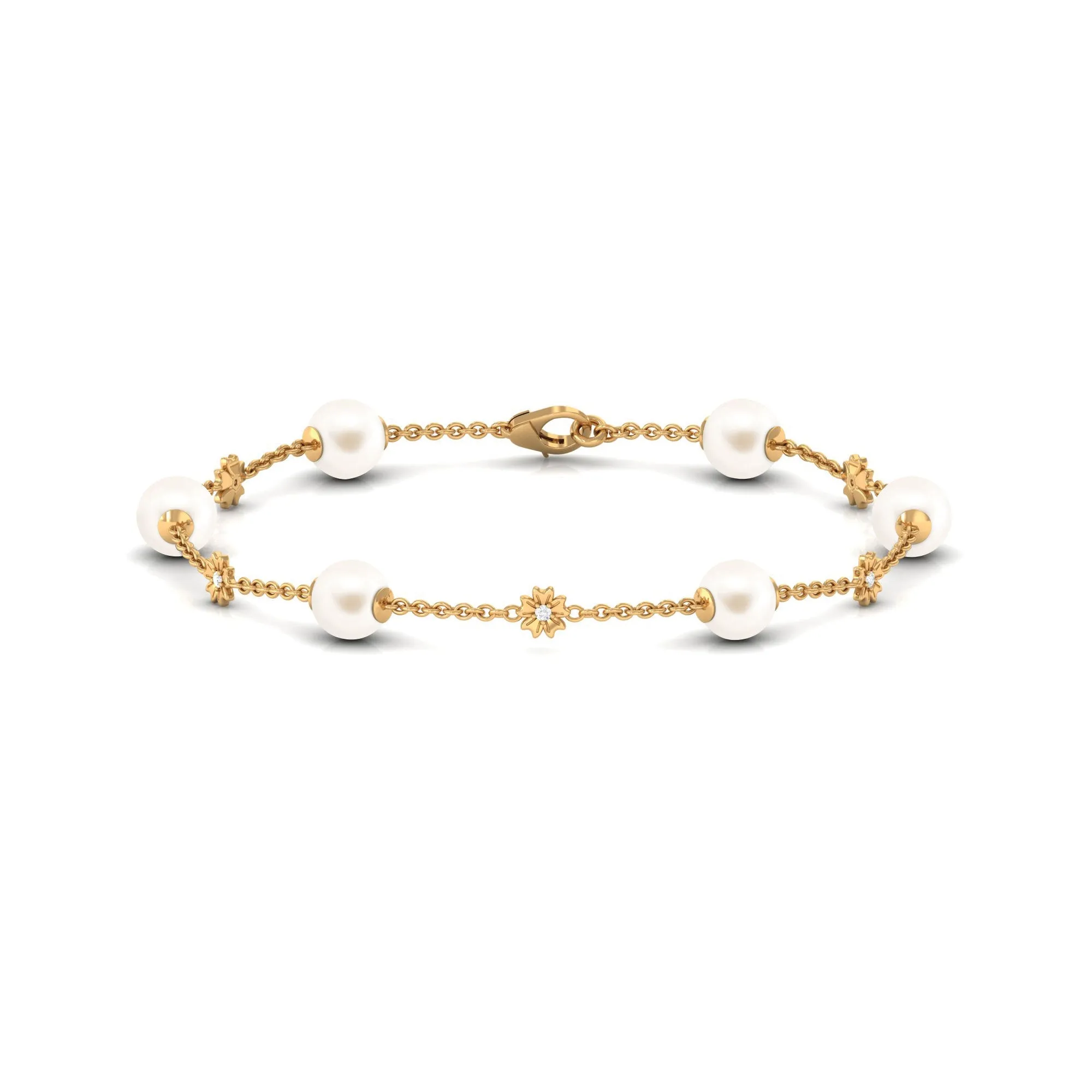 Real Freshwater Pearl Station Chain Bracelet with Diamond