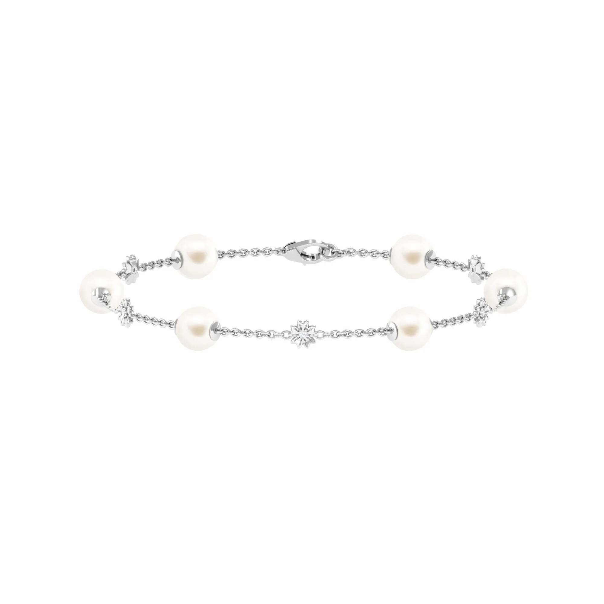 Real Freshwater Pearl Station Chain Bracelet with Diamond