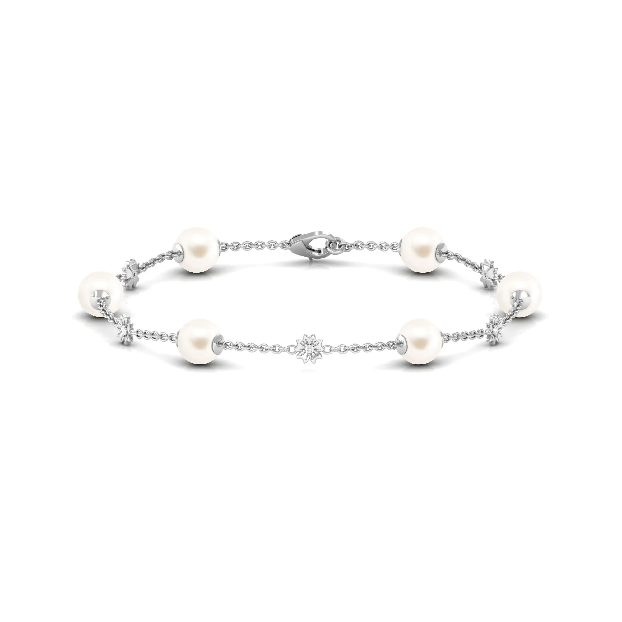 Real Freshwater Pearl Station Chain Bracelet with Diamond