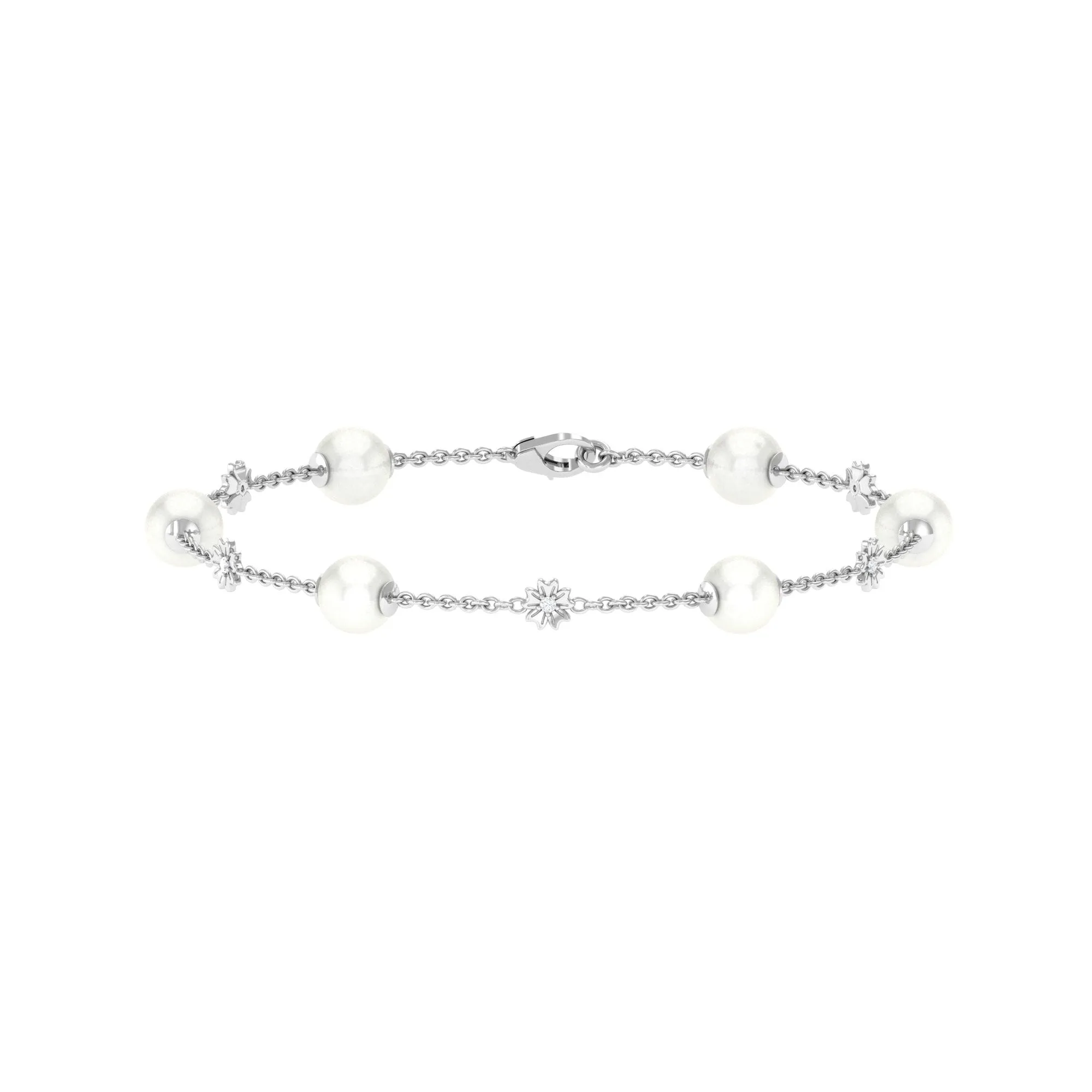 Real Freshwater Pearl Station Chain Bracelet with Diamond
