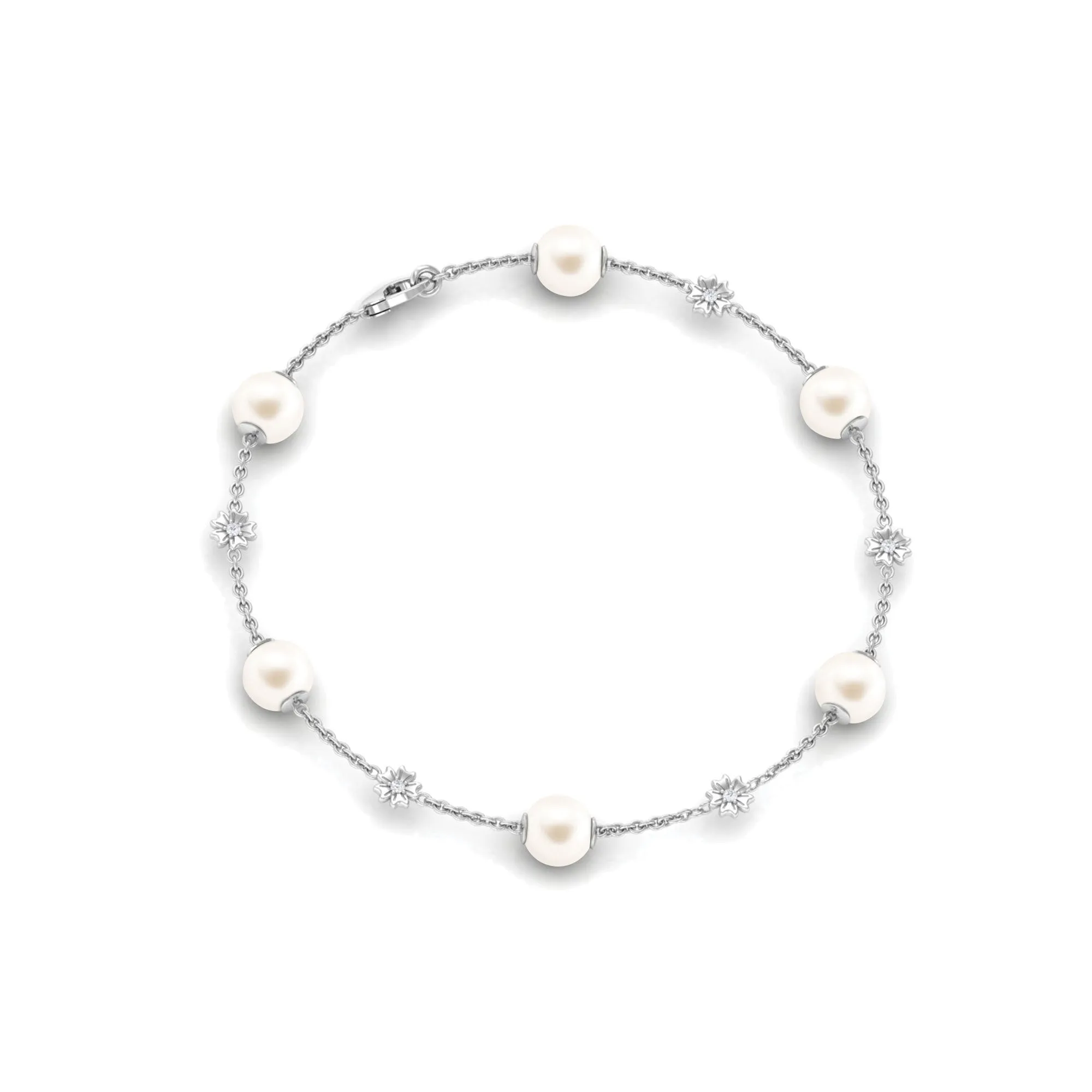 Real Freshwater Pearl Station Chain Bracelet with Diamond