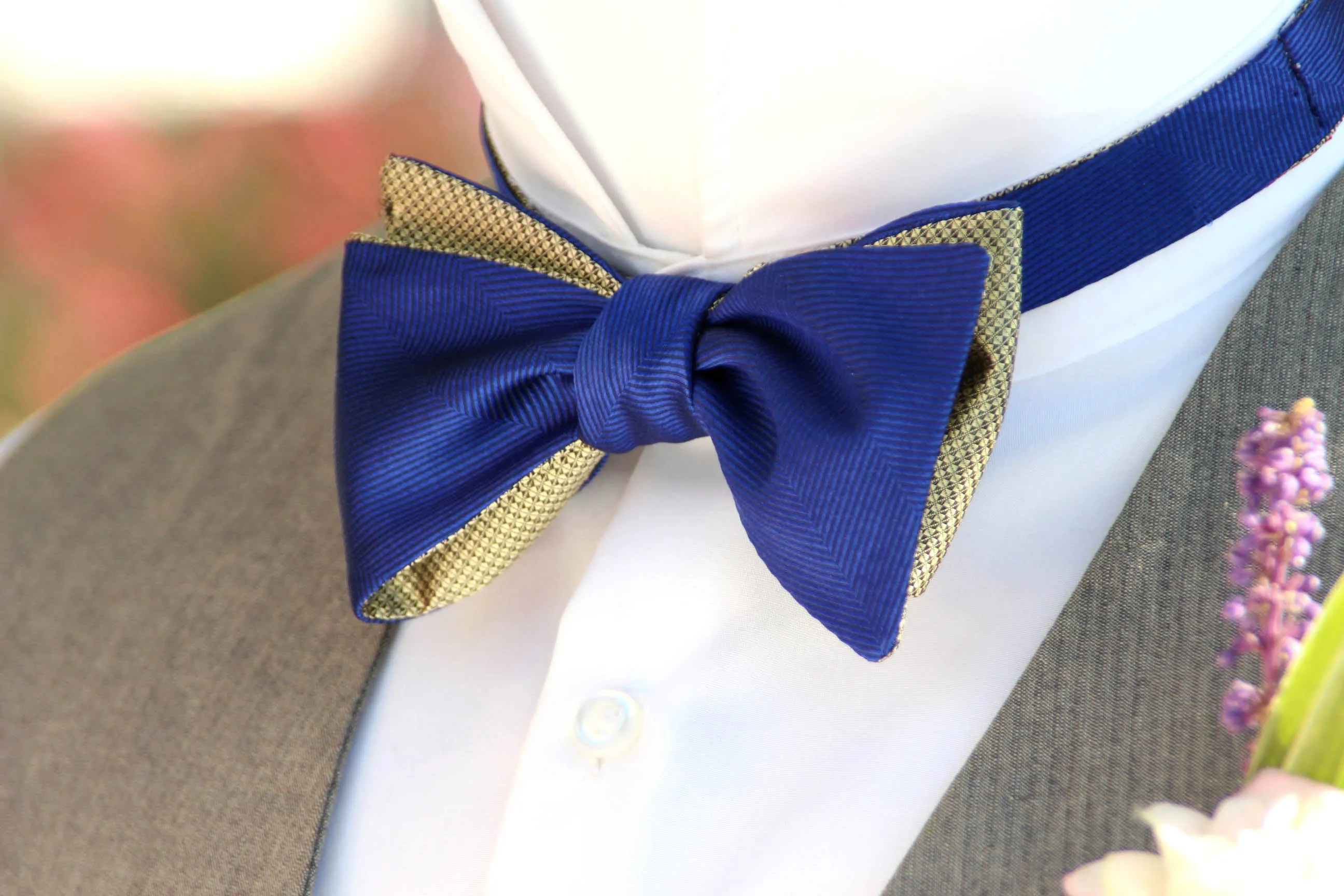 Royal Blue Gold Reversible Self-Tie Bow Tie