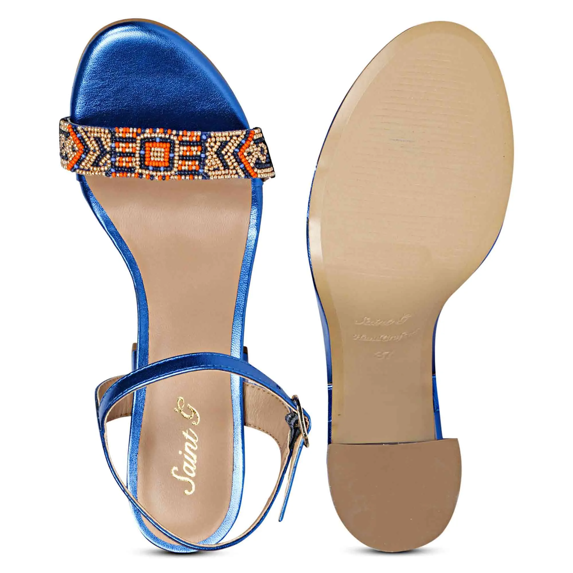 Saint Sierra Hand Embroidered Navy Metallic Leather Block Heels