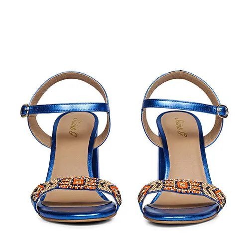 Saint Sierra Hand Embroidered Navy Metallic Leather Block Heels