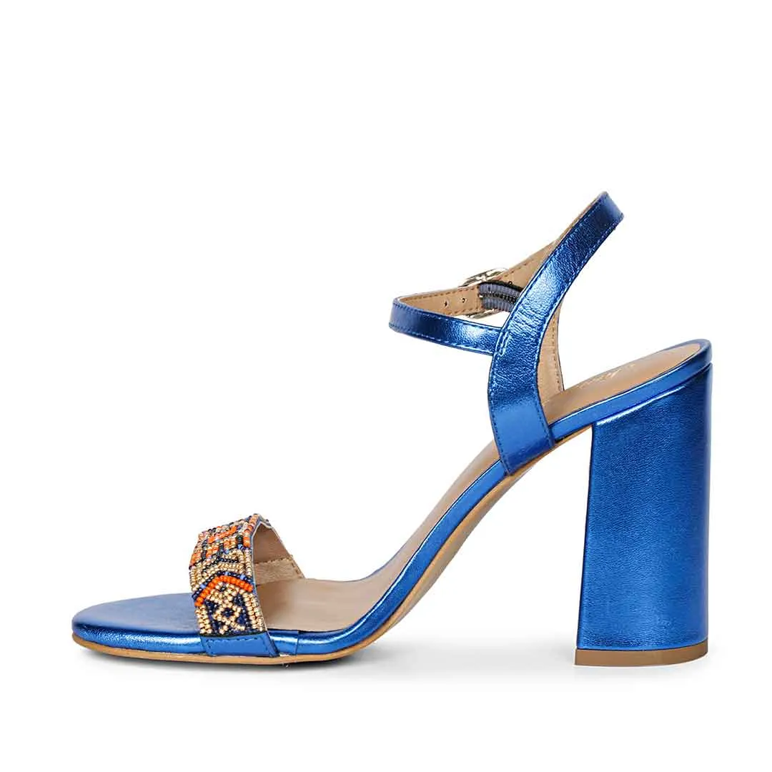 Saint Sierra Hand Embroidered Navy Metallic Leather Block Heels