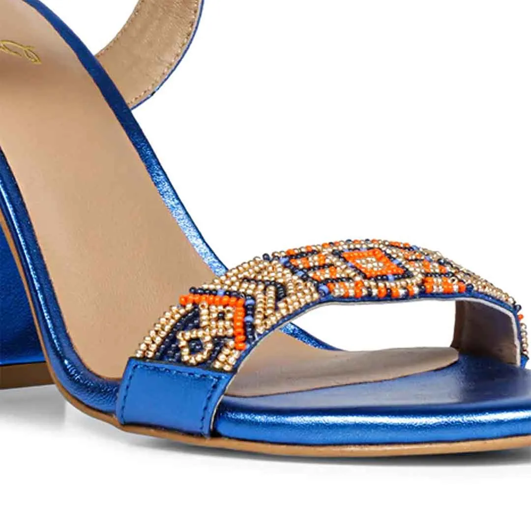 Saint Sierra Hand Embroidered Navy Metallic Leather Block Heels