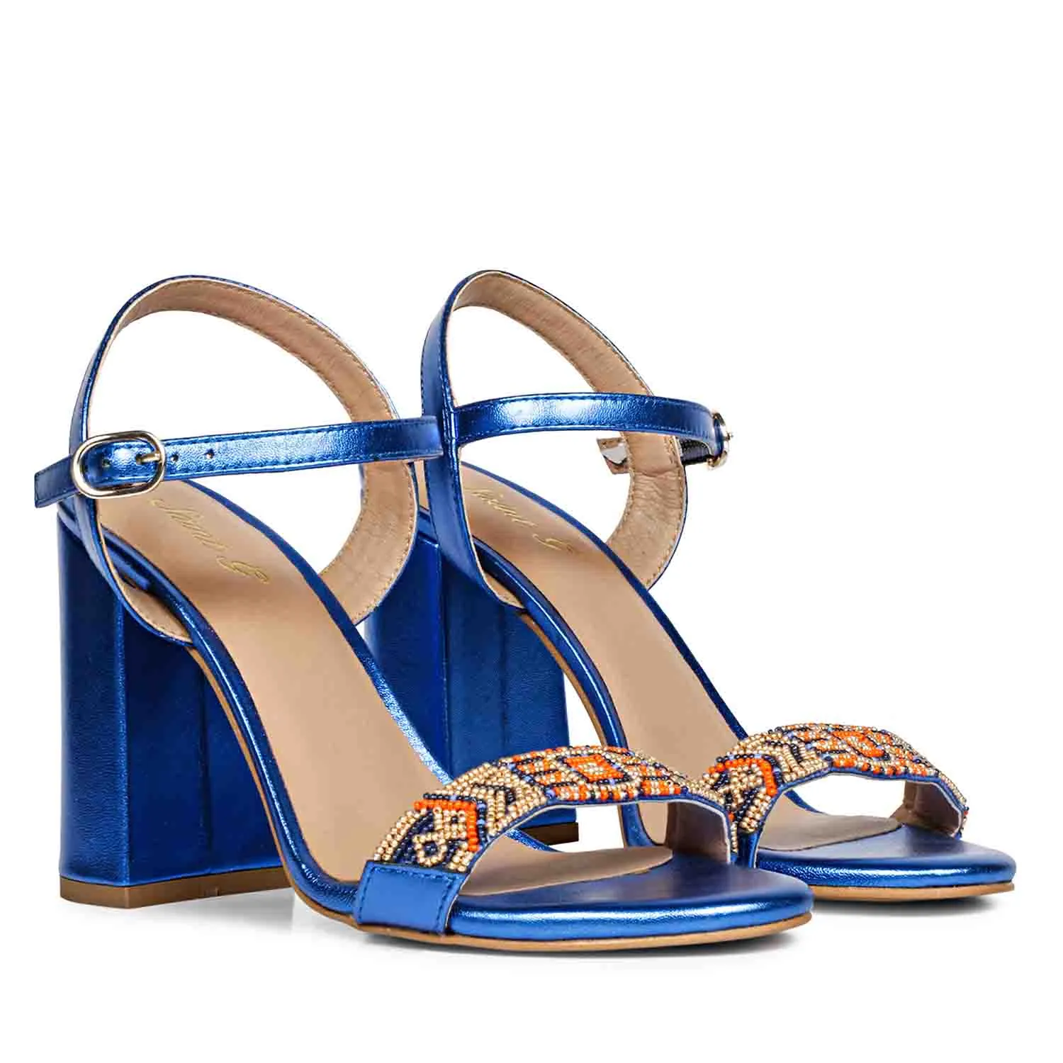 Saint Sierra Hand Embroidered Navy Metallic Leather Block Heels