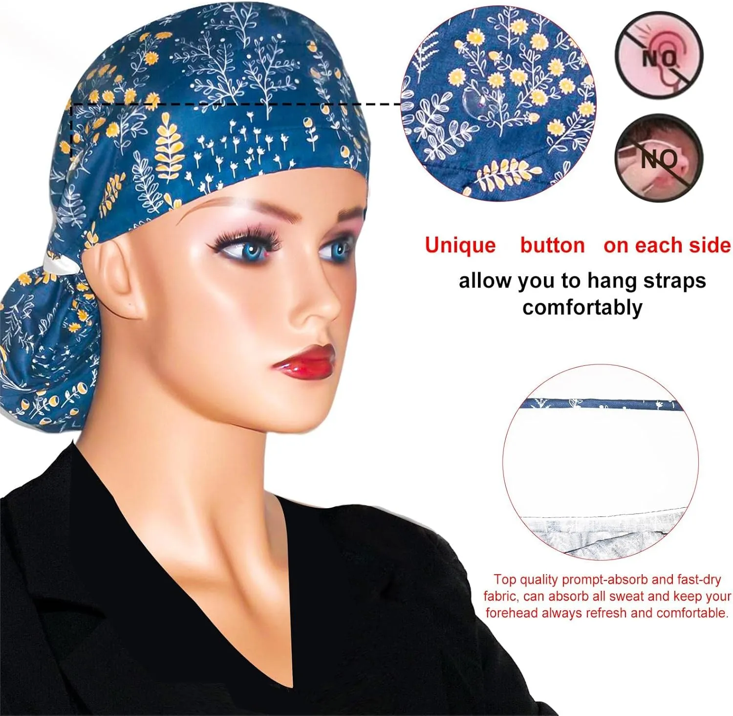 Scrub Cap with Buttons - Cotton Hat with Sweatband, Adjustable Tie Back for Ponytail (Randomly Paired with Hair Ring)
